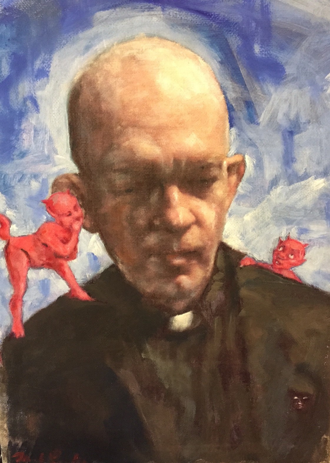 Painting of Mark Landis in priest garb with devils on shoulders