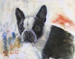 Painting of a black and white dog