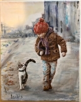 Painting of a child and a cat walking on a sidewalk