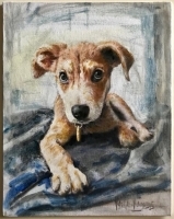 Painting of a brown and white puppy