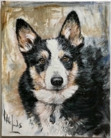 Painting of a white, black, and brown dog