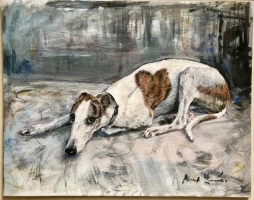 Painting of a white and brown dog