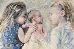 Painting of two girls with a baby