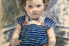Painting of a child in a striped blue and white shirt