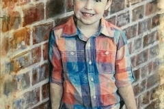 Painting of a boy in a plaid shirt in front of a brick wall