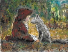 Painting of a girl in a red cloak sitting with a dog