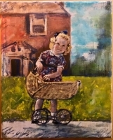 Painting of a girl with a baby carriage in front of a house