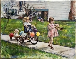 Painting of children marching on a sidewalk