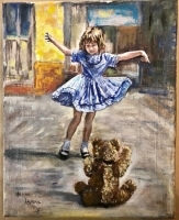 Painting of a girl dancing with a teddy bear sitting in the foreground
