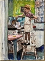 Painting of a child standing on a chair in a kitchen