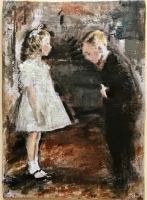 Painting of a girl in a white dress and a boy in a dark suit