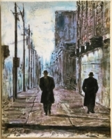 Painting of two men walking on a city sidewalk