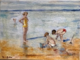 Painting of children playing on a beach