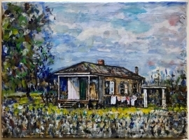 Painting of a house with green trees and blue sky