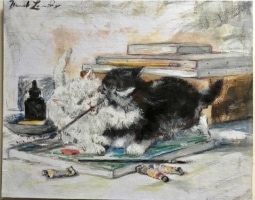 Painting of a cat on a desk with art supplies around it